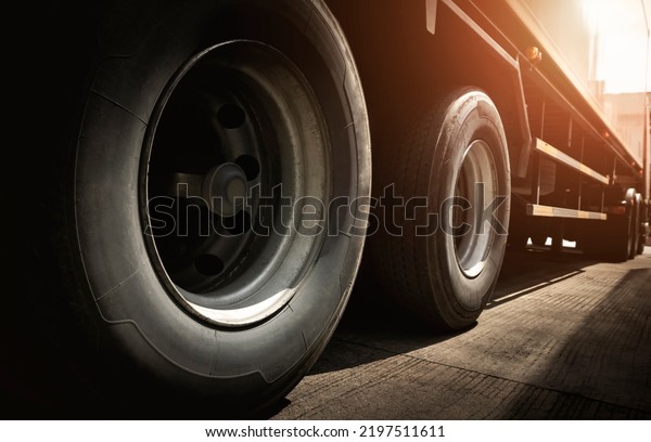 Big Semi Truck Wheels Tires.
Rubber, Wheel Tyres. Freight Trucks Transport
Logistics.	
