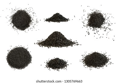 Big Set Of Black Cumin Heap On White Background. A Pile Of Nigella Sativa Seed.