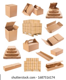 Big Set Of Cardboard Boxes, Takeaway Package For Pizza, Cake, Fast Food. Pallet. Open And Close Box. All Isolated On White Background.