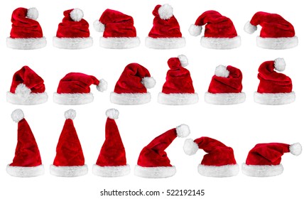 Big Set Collection Of Red White Plush Santa Claus Christmas Xmas Hat Isolated Background