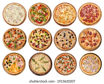 Big set of different pizzas: Ham with mushrooms, Barbecue, Peperoni's, Mexican, Chicken, Meat, Italian, Florentina, Bonanza, Margarita, Marinera, Hawaiian, Isolated on white background. Top view 