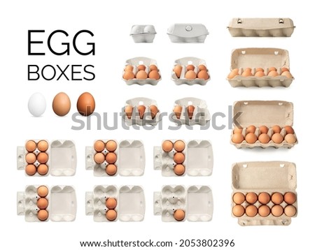 Big set of egg boxes with brown eggs isolated. Fresh organic chicken eggs in carton packs, containers on white background