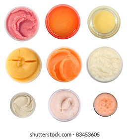 Big set of face and body cosmetic scrub, top view