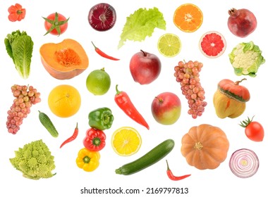 Big Set Falling Vegetables And Fruits Isolated On White Background.