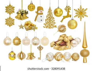 Big set of golden Christmas New Year baubles for Christmas tree ornaments, pine, spruce, balls, snowflakes, bells, reindeer, snowman, gift, tip, top, key isolated on white - Shutterstock ID 328091438