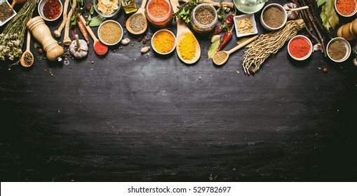 Big set of Indian spices and herbs . On the black chalkboard. - Shutterstock ID 529782697