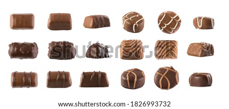 Big Set of Milk Chocolate Sweet Candy Top View Isolated. Different Angles Macro Photo of Creative Cocoa Chocolates, Sweets, Truffles or Bonbons