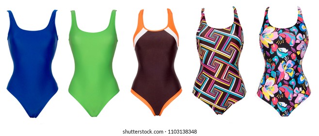 Big set of one piece swimsuits of different color