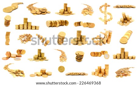 Big set of photos with coins. Gold coins on a white background.