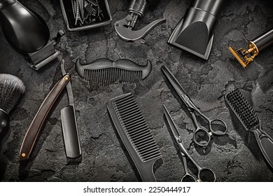 Big Set Of Professional Black Barber Tools. Barber Shop. Hairdresser Concept 