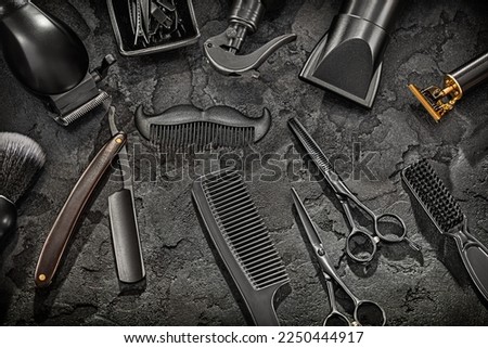 Big Set Of Professional Black Barber Tools. Barber Shop. Hairdresser Concept 