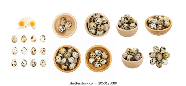 Big Set Of Quail Eggs Isolated On White Background. Whole Quail Bird Egg Collection