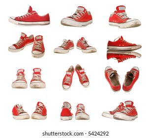 Big set of red sneakers isolated on pure white, size is 5085x4300 - Powered by Shutterstock