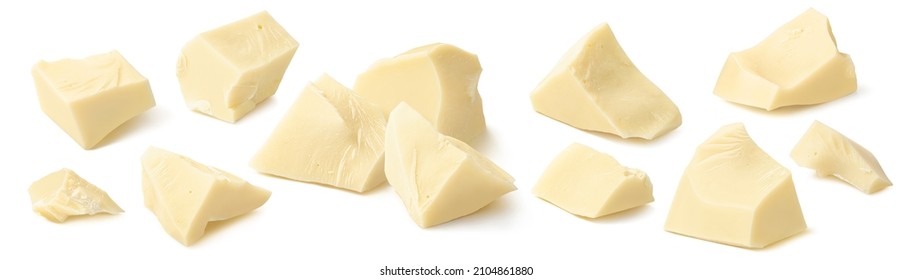 Big set of white chocolate pieces. Broken chunks isolated on white background. Pieces of irregular shape for package design. Elements with clipping path - Shutterstock ID 2104861880