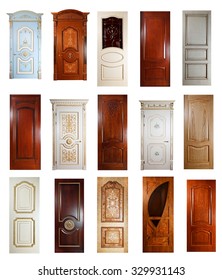 Big set of wooden doors. Isolated over white background