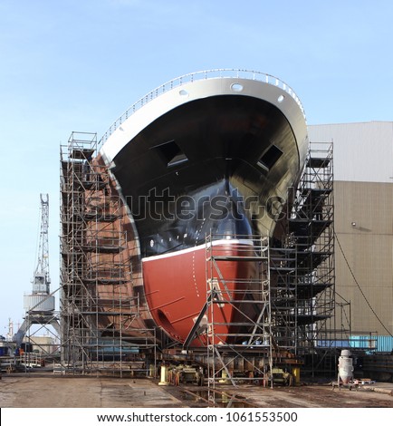 The big ship on the stocks in the shipyard