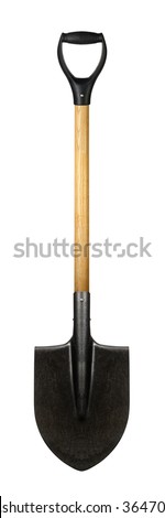Big shovel with a handle on a white background. It is isolated, the worker of paths is present.
