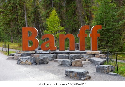 Big Sign Of Banff At The Entrance Of Banff City In Canada