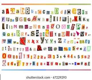 Big size clipping alphabet (cutout from newspapers and magazines) with letters, numbers and symbols, isolated on white background - Shutterstock ID 67229293