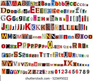 Big size colorful newspaper, magazine alphabet with letters, numbers and symbols. Isolated on white background. - Shutterstock ID 523695022