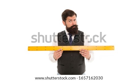 Big size. Measure and control. bearded man with ruler isolated on white. Size tall and length. Geometry theorem concept. Study math at college. back to school. Does size really matter. amazed teacher.