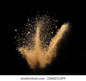 Big size Sand flying explosion, Golden grain wave explode. Abstract cloud fly. Yellow colored sand splash throwing in Air. Black background Isolated selective focus blur - Powered by Shutterstock