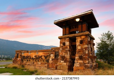Big Sky, Montana - July 5, 2021: Entrance Sign Of Big Sky Town Center At Sunset.  Big Sky Is A Community In The Rocky Mountains Of Southern Montana
