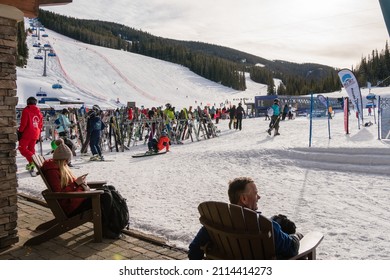 Big Sky, MT, US-January 23, 2022: People Relaxing At Ski Lodge At Famous Western US Ski Resort.