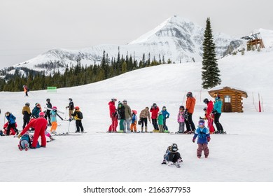 Big Sky, MT, US-January 23, 2022: Children's Ski Lesson At Famous Ski Resort.