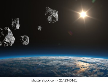 Big and small asteroids near planet Earth. Potentially hazardous asteroids (PHAs). Asteroids in outer space near Earth planet. Meteorit is solar system. Elements of this image furnished by NASA.