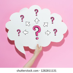 Big and small question marks with arrows with a speech bubble on a pink background
