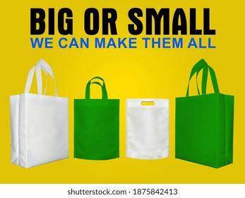 Big or Small, We can make them All. Colorful shopping Bags on black background. social media post of non woven bags. copy space for advertisements.