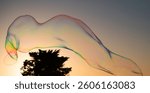 Big soap bubbles in sunset. Big bubble flying over blue sky. Huge colorful soap bubbles fly over cloudy sky background.