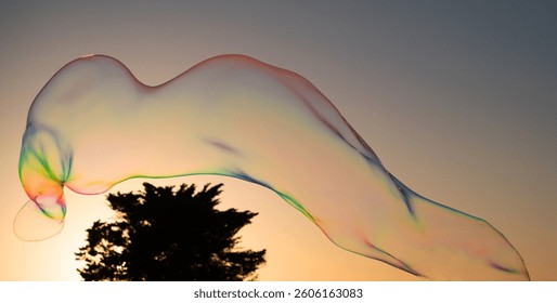 Big soap bubbles in sunset. Big bubble flying over blue sky. Huge colorful soap bubbles fly over cloudy sky background. - Powered by Shutterstock - Get 15% off with code: PIKWIZARD15