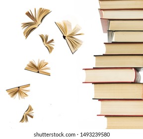 Big stack of books with opened books flying away (education concept)