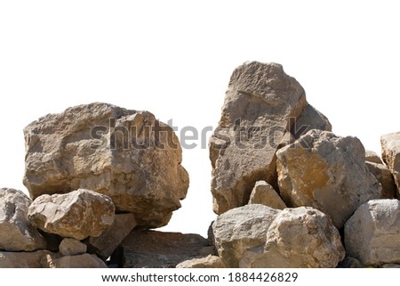 Big stones on white background, cracked open path between two big boulders