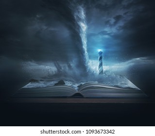 A big storm and tornado on top of the pages of a Bible with a bright lighthouse