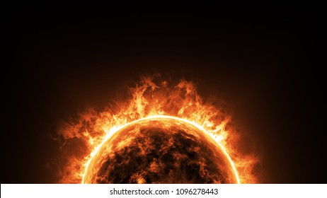 a big sun surface with solar flares and copy space on black background, global warming concept. Abstract scientific in universe background.