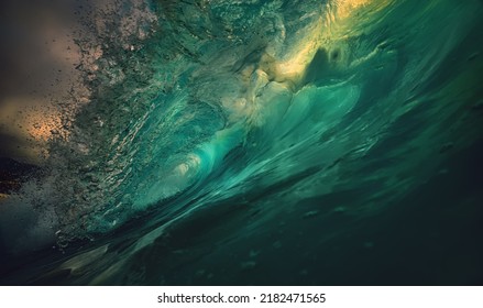 Big sunset rough ocean shorebreak wave inside crest view - Shutterstock ID 2182471565