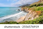 Big Sur, California, boasts a dramatic and rugged coastline, where the Santa Lucia Mountains plunge into the Pacific Ocean. The Pacific Coast Highway (Highway 1) winds along the rugged coast line