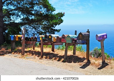 Big Sur, California, Usa, June 12, 2010: Post Office Boxes, Uniquely Addressable Lockable Boxes Widespread In Usa And Located On The Premises Of A Post Office Station, In The Middle Of Nowhere  