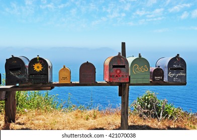 Big Sur, California, Usa, June 12, 2010: Post Office Boxes, Uniquely Addressable Lockable Boxes Widespread In Usa And Located On The Premises Of A Post Office Station, In The Middle Of Nowhere  