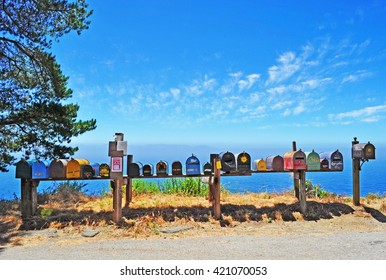 Big Sur, California, Usa, June 12, 2010: Post Office Boxes, Uniquely Addressable Lockable Boxes Widespread In Usa And Located On The Premises Of A Post Office Station, In The Middle Of Nowhere  
