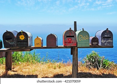 Big Sur, California, Usa, June 12, 2010: Post Office Boxes, Uniquely Addressable Lockable Boxes Widespread In Usa And Located On The Premises Of A Post Office Station, In The Middle Of Nowhere  
