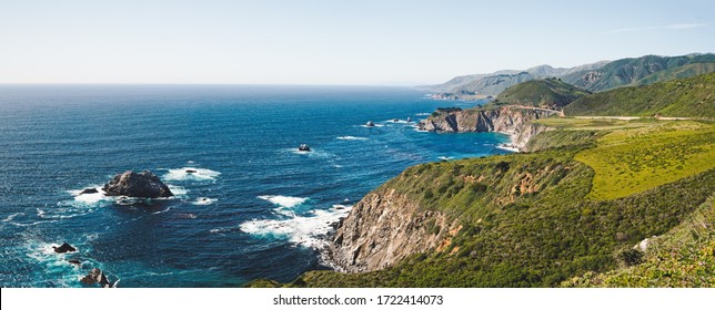 Big Sur, Monterey County, California. A popular touristic destination, famous for its dramatic scenery. Panoramic view of  Pacific Ocean, Rocky cliffs and native redwood forest.