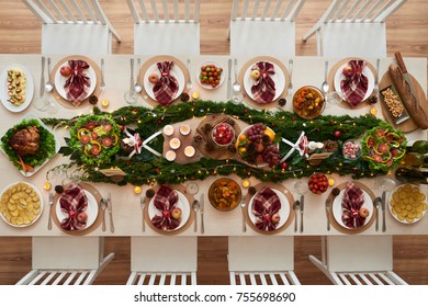 Big Table Decorated For Christmas Dinner, View From Above