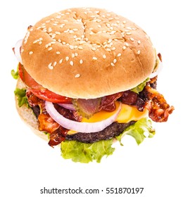 A Big And Tasty Bacon Cheeseburger Isolated Over A White Background