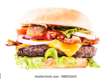 A Big And Tasty Bacon Cheeseburger Isolated Over A White Background