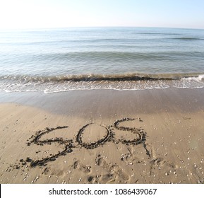 Big Text SOS On The Sand Of The Beach