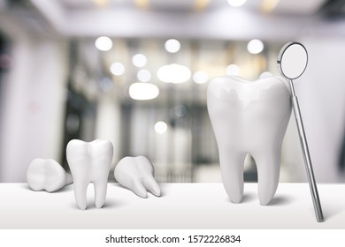 Big Tooth And Some Little Teeth With A Dentist Mirror On A Dentist Clinic Background